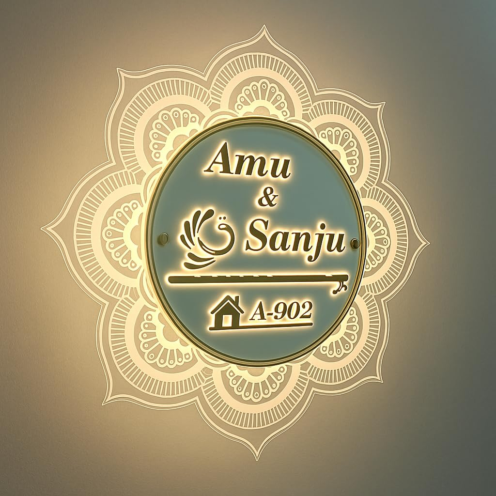 Clear acrylic and glass-inspired round nameplate with illuminated border