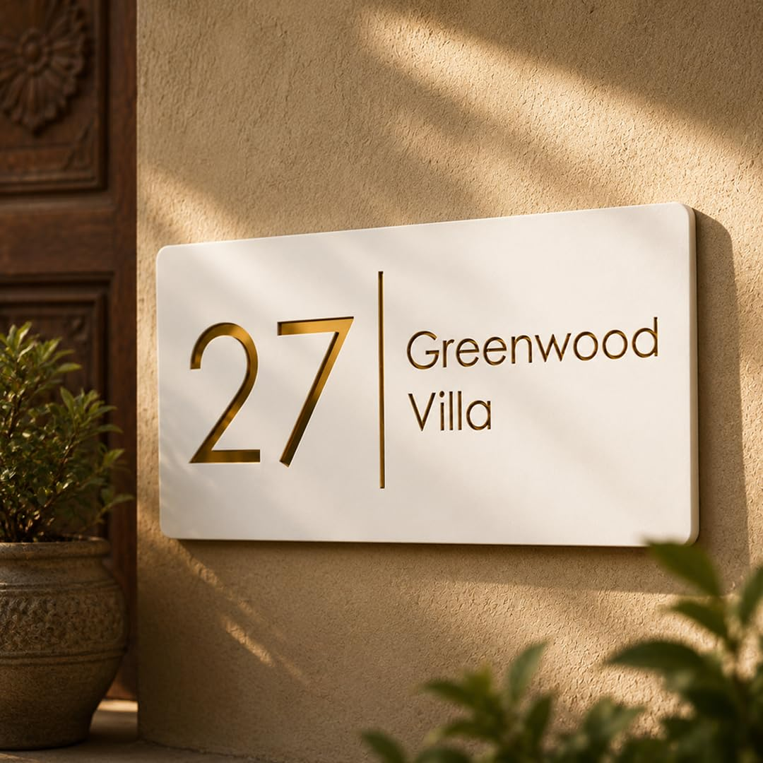 White acrylic nameplate with raised gold lettering