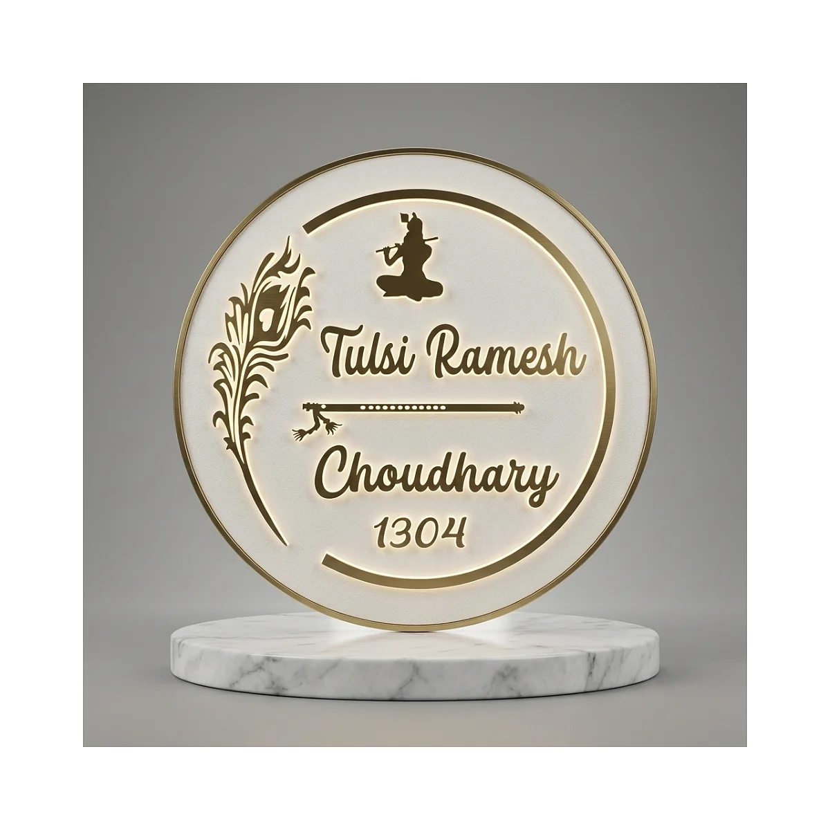 Peacock Crest: A white circular nameplate with gold-tone botanical and peacock-inspired details.